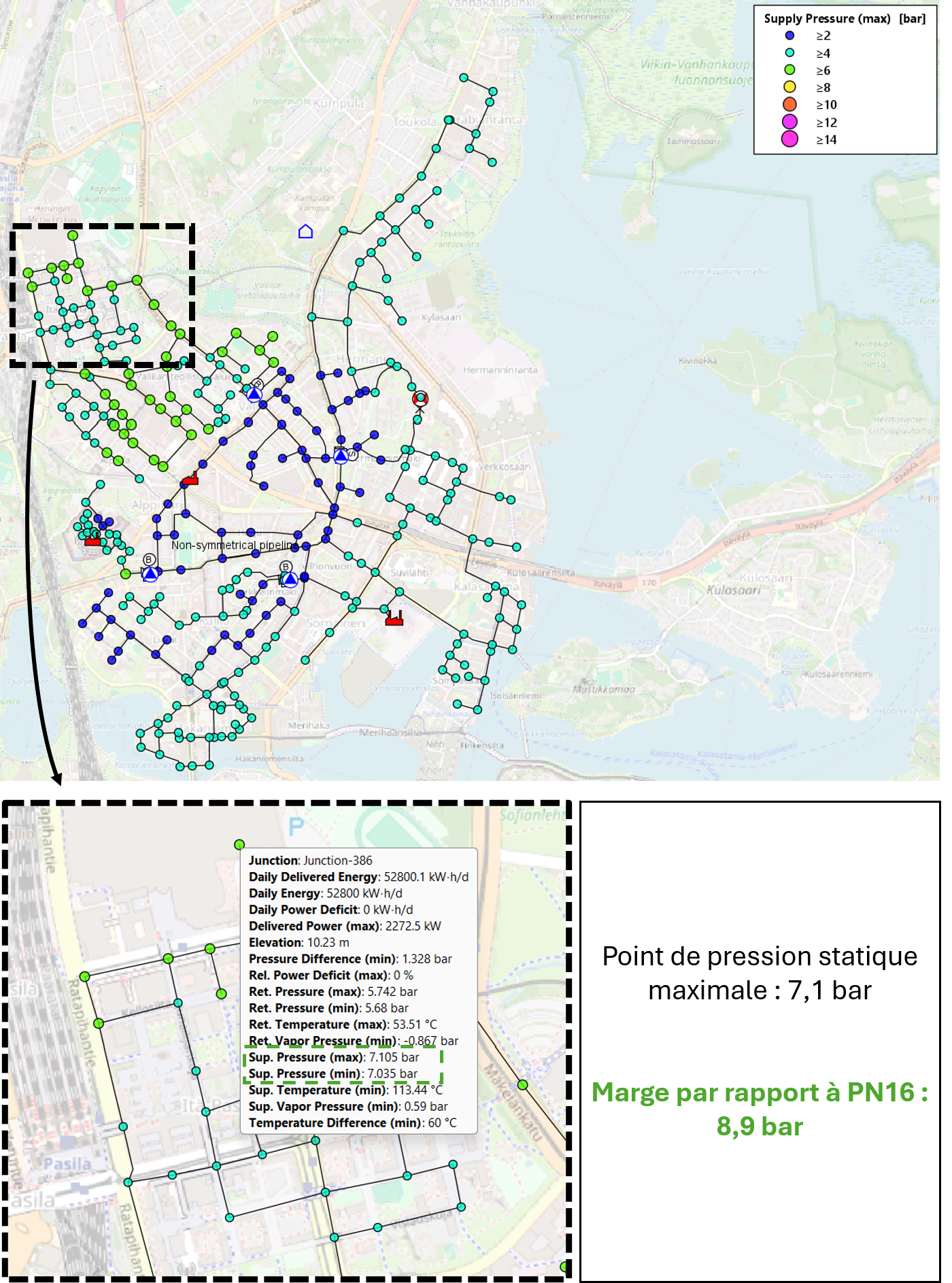 Map of maximum service pressures on a PN16 district heating network