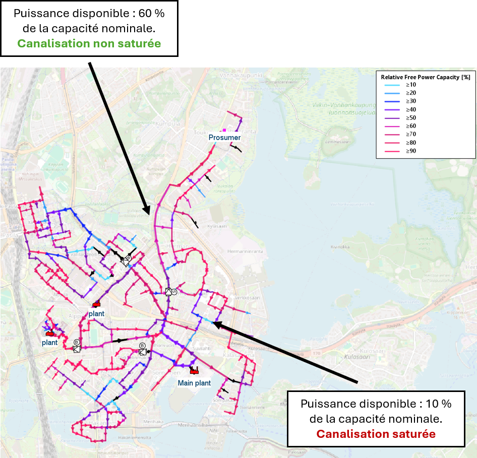 Map of spare power capacity available on a district heating network